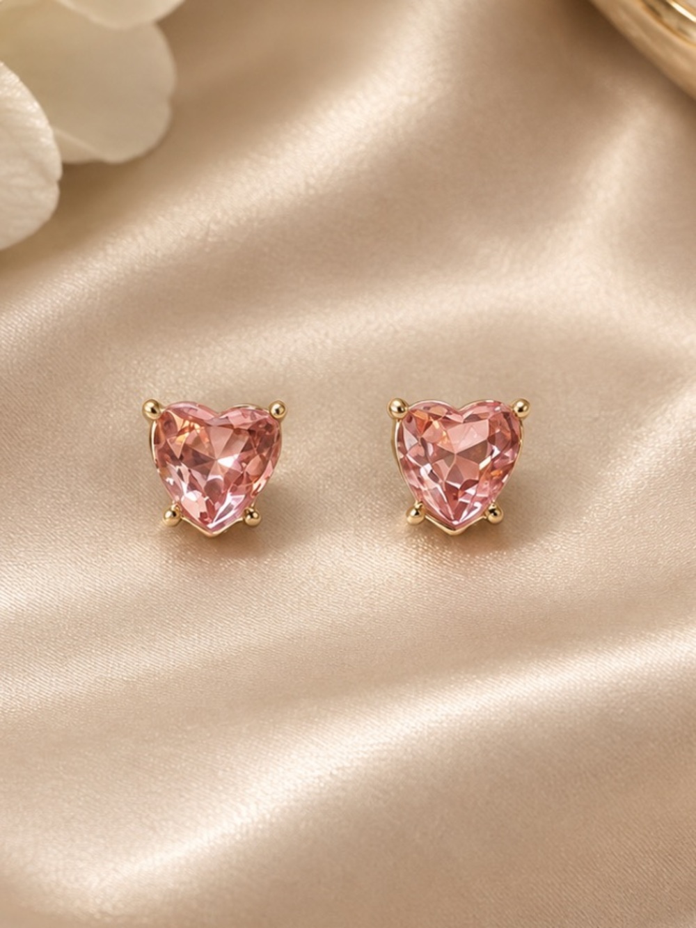 Pink Crystal Heart Stud Earrings